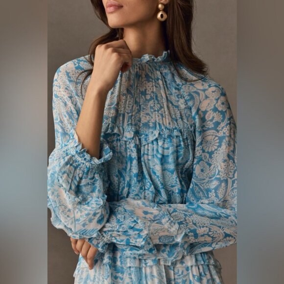 Anthropologie Long-Sleeve Backless Sheer Ruffle Mini Dress Size L - Picture 3 of 8